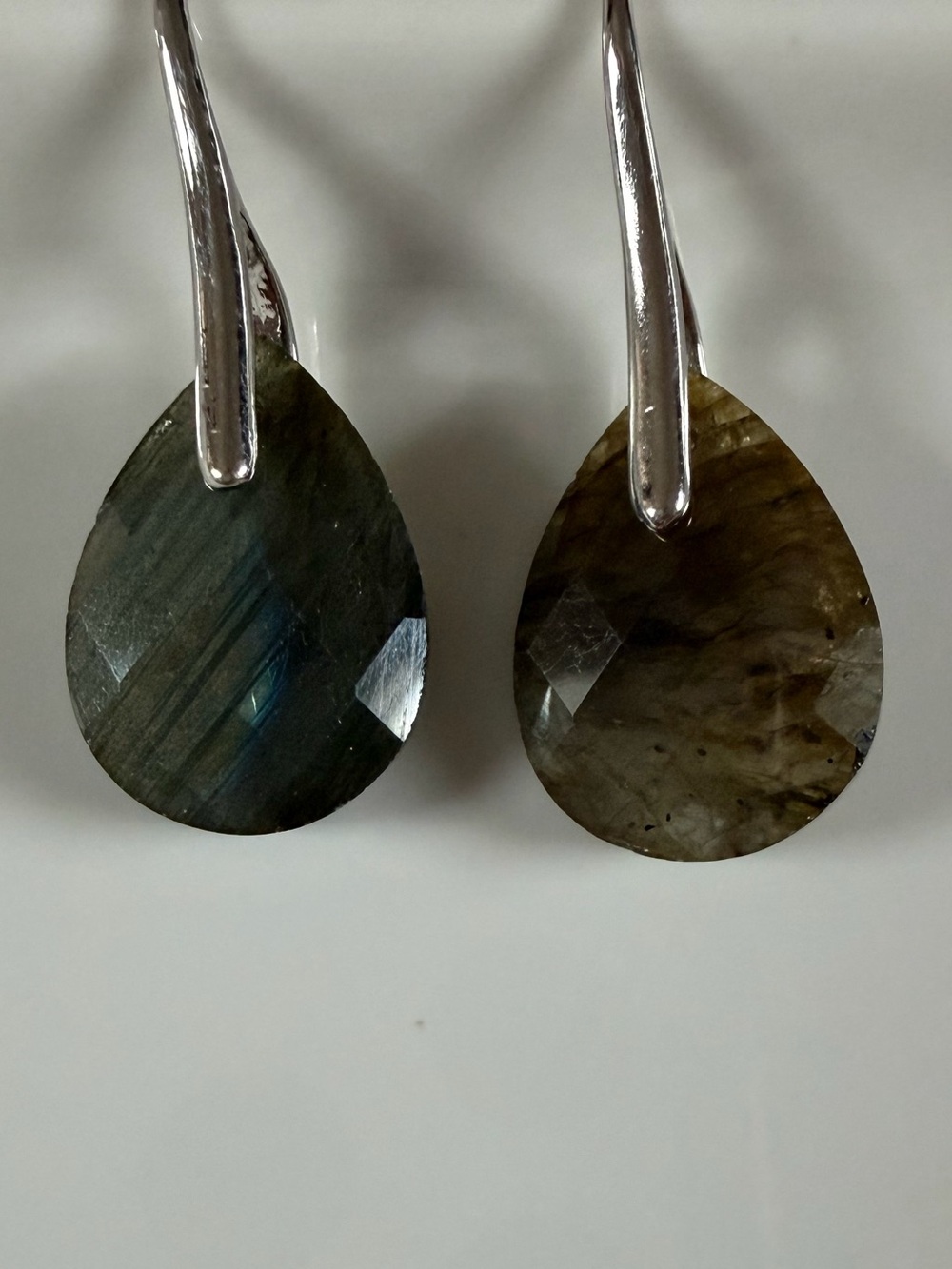 Labradorite Teardrop Drop Earrings - Silver Hooks - Gray/Green